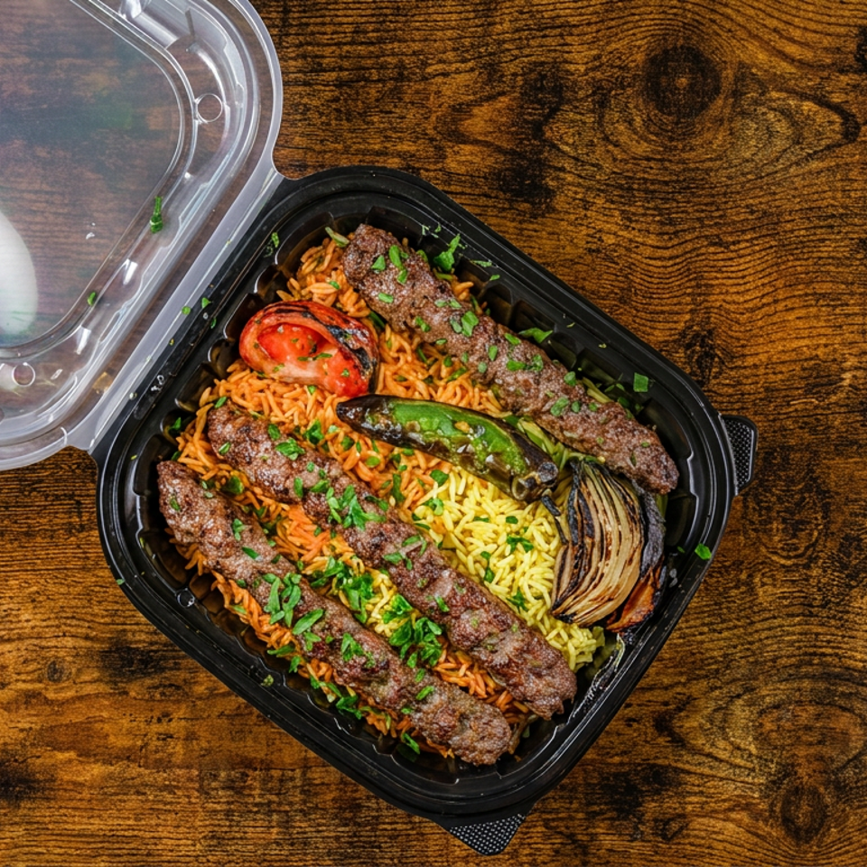 Open takeout container holding grilled kofta over orange and yellow rice, grilled pepper, tomato, and onion on a wooden table.