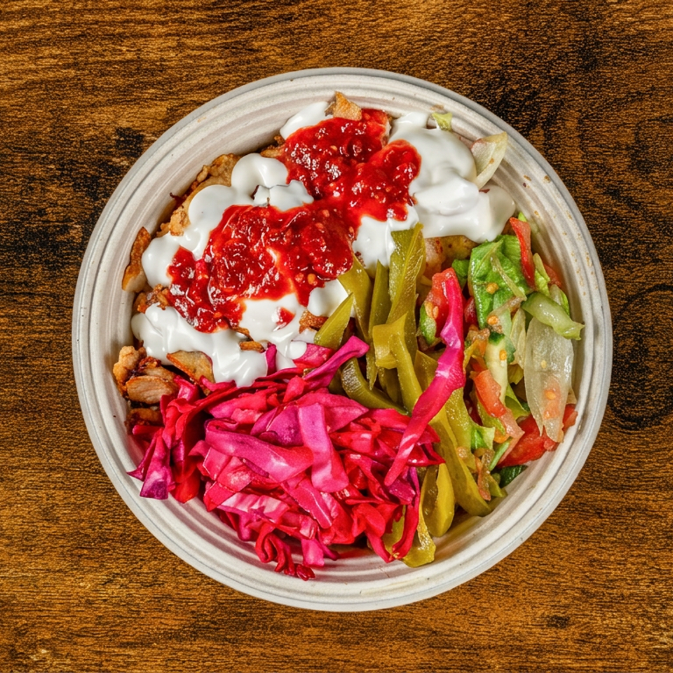 Bowl of seasoned meat topped with white sauce, red salsa, pickled cabbage, peppers, and fresh vegetables on a wooden table.