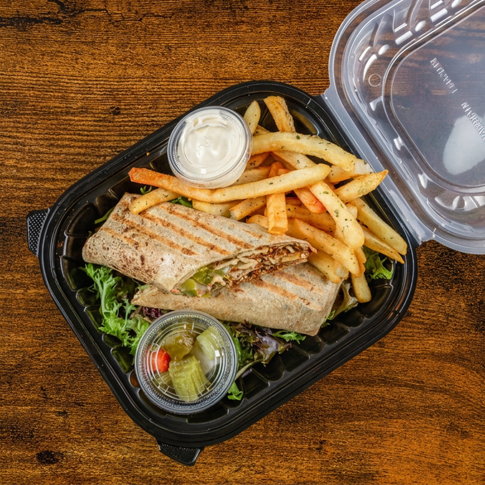Takeout tray with grilled wrap, seasoned fries, dipping sauce, and pickled vegetables on a wooden table.