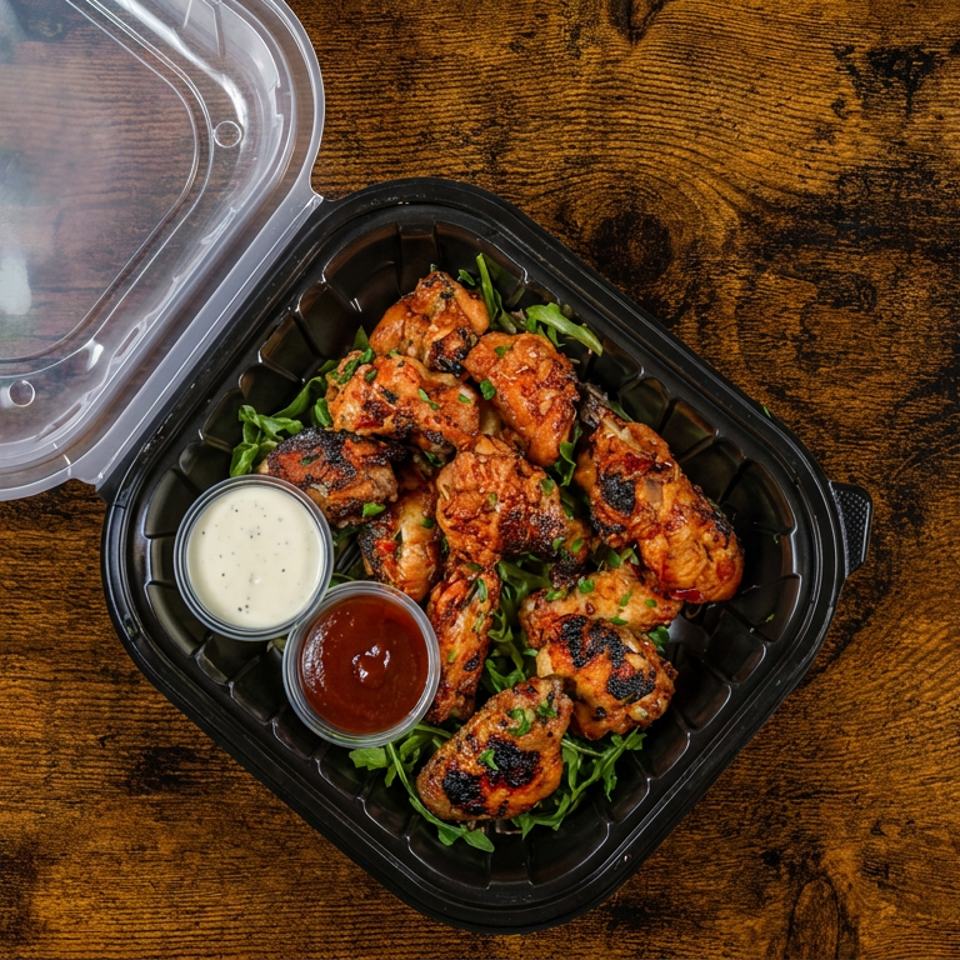 Open takeout container holding grilled shrimp over greens with cups of creamy and red dipping sauces on a wooden table.