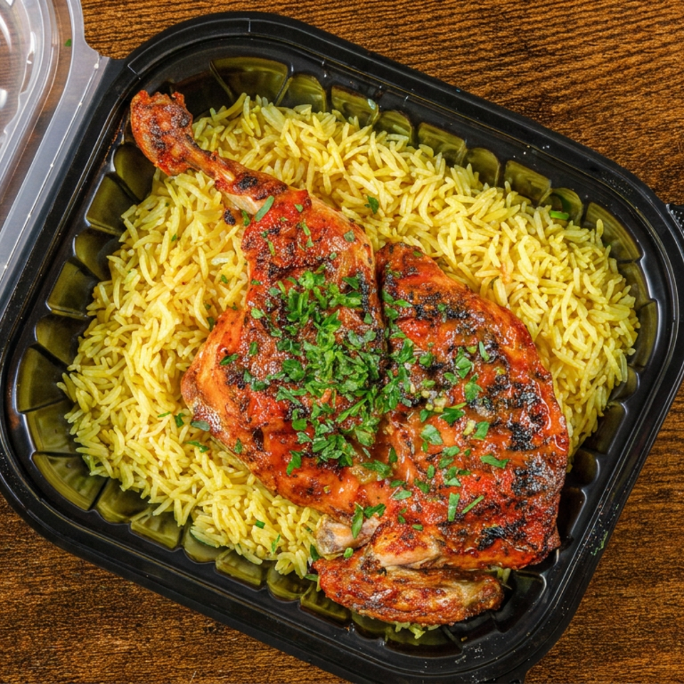 Grilled, herb-topped chicken leg served over yellow seasoned rice in a black takeaway container on a wooden table.