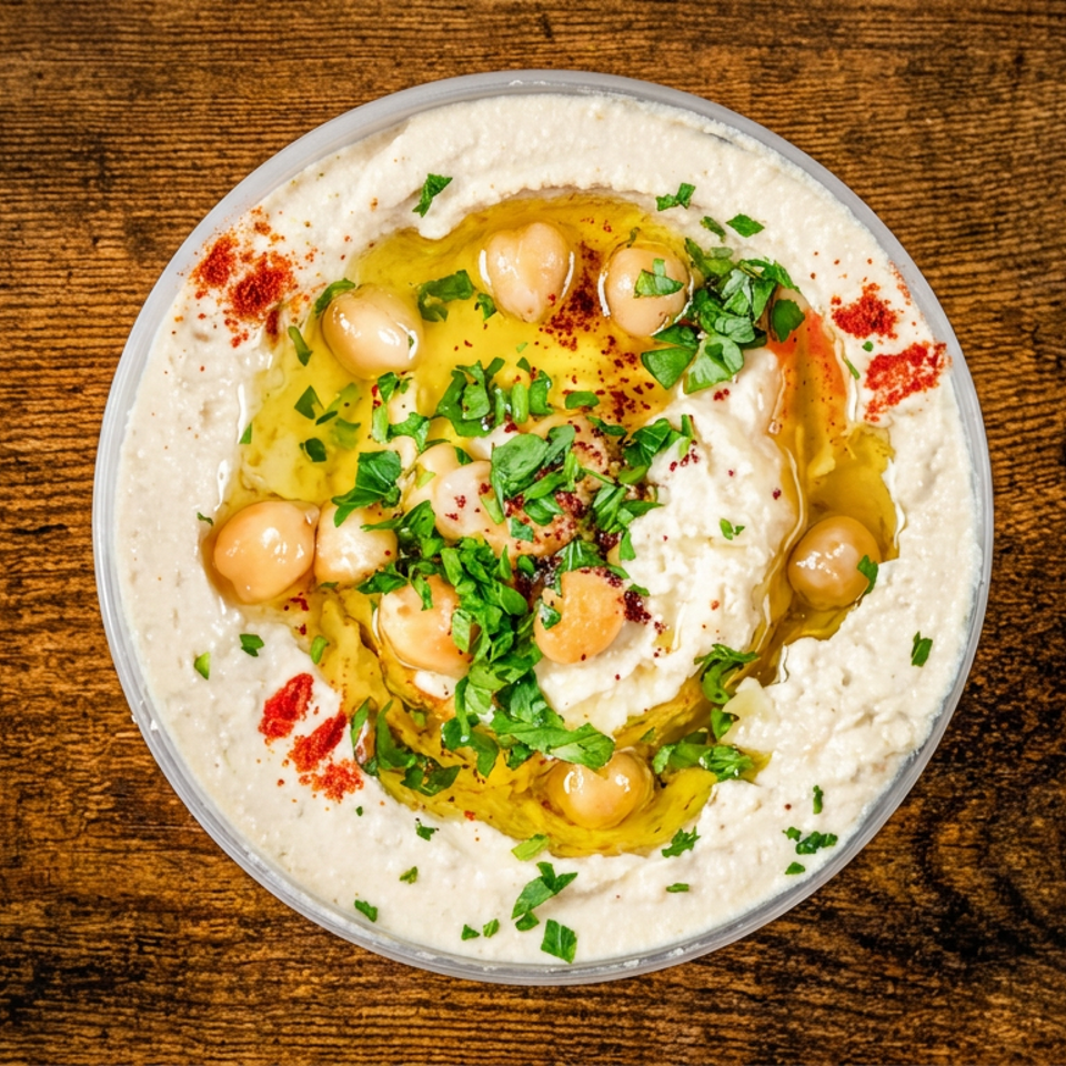 Overhead view of creamy hummus topped with chickpeas, olive oil, paprika, and chopped parsley in a bowl on a wooden table.